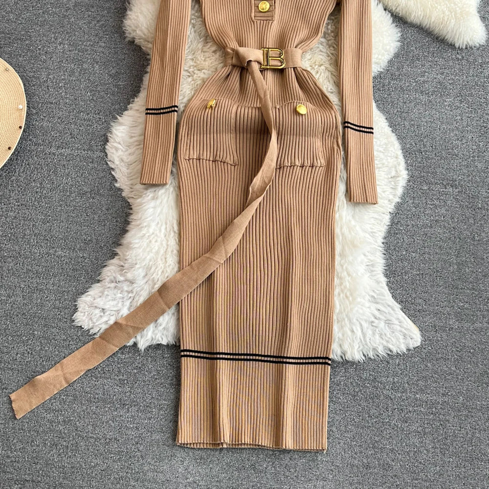Women Dress  Autumn Winter Elegant Rib Knit Long Pencil Dress with Belt Office Lady Bodycon Sweater Dress Vestidos