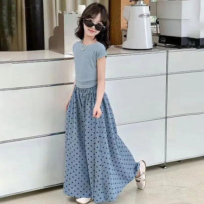 Girls set, summer children's fashion clothing, little girl wide leg pants, Korean version two-piece set, 4-12 years old