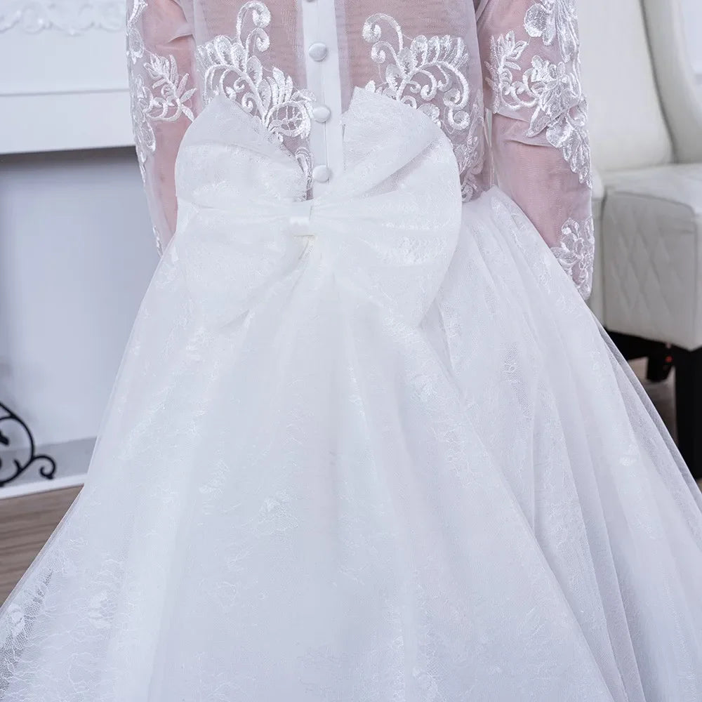 Girl Lace Appliques Princess Wedding Party Flower Girls Dresses Vintage Gown With Bow Kids First Communion Ball Gown