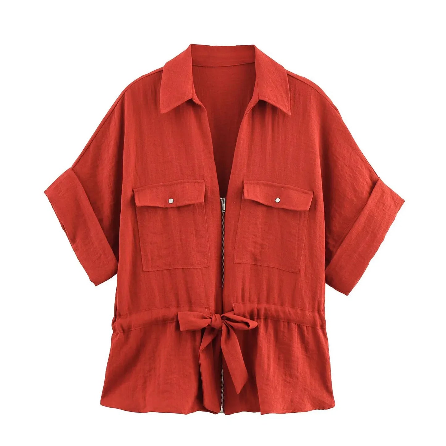 HH Women Pants Suit Solid Short Sleeve Zipper Pocket Drawstring Design Shirt Top+Elastic Waist Loose Casual Wide-leg Pants