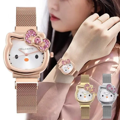 Hello Kitty Cartoon Watch Cute Student Fashion Watch Bow Decoration Quartz Wristwatch Girl Christmas Gift