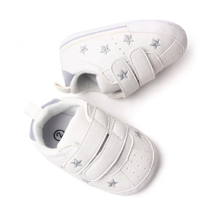 Baby White PU Sneaker Non-slip for Toddler Boys and Girls Cute Embroidery Stars and Hearts