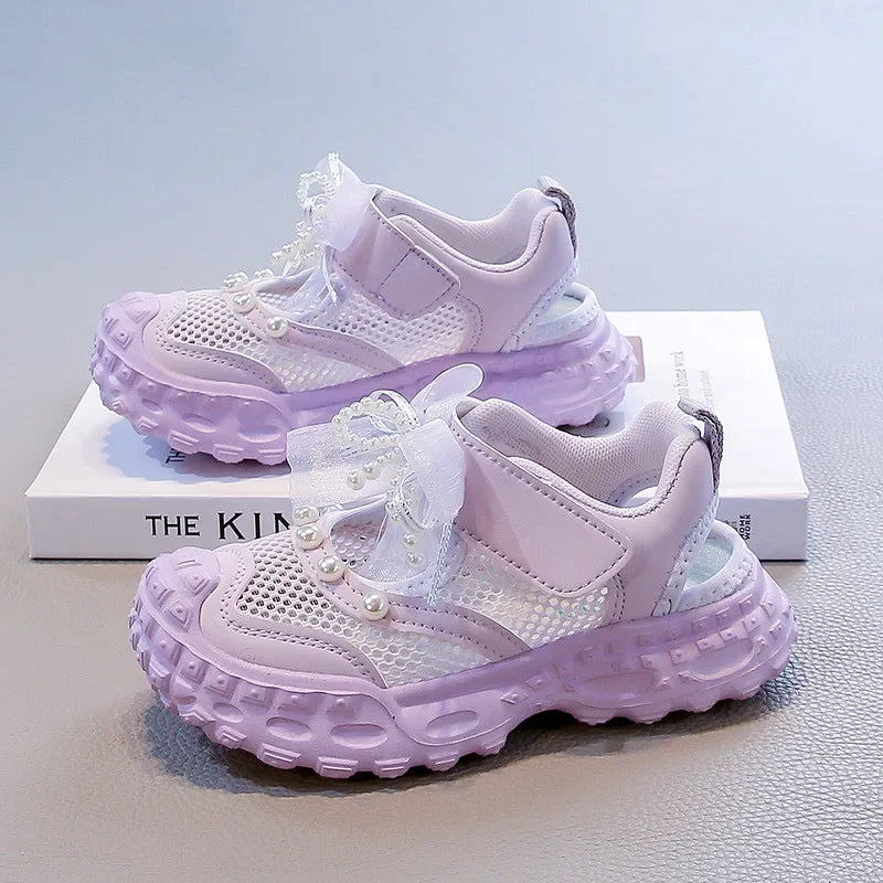 Summer Children School Running Sandals Sweet Breathable Girls Mesh Sports Sandals Non-slip Fashion Kids Princess Cut-outs Shoes