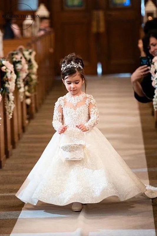 A Line Girl Lace Appliques Princess Wedding Party Flower Girls Dresses Vintage Gown With Bow Kids First Communion Ball Gown