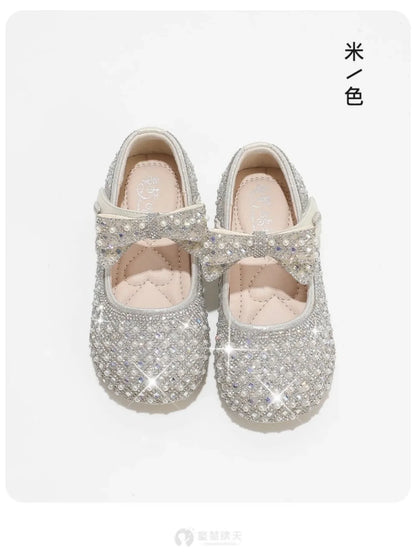 Autumn New Girls Single Princess Shoes Pearl Shallow Children's 2025 Comfortable Flat Shoes Kid Baby Rhinestone Bowknot Shoes