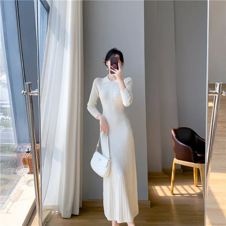 Sweater Dress Women New  Autumn Winter Purple White Or Black High Waist A Line Dress Elegant Long Knitted Dress