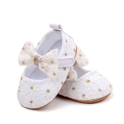Newborn Baby Girls Mary Jane Flats Cute Bowknot Wedding Dress Shoes Non-Slip First Walkers Embroidery Flower Soft Shoes