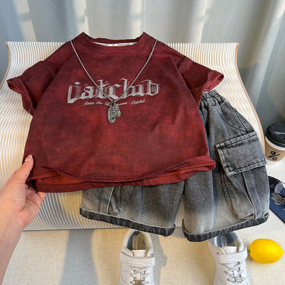 New Boys Fashion Summer Cotton Letter Printing T-shirts+Graffiti Denim Shorts 2pcs Set Kids Korean Outfits Sets Children Clothes