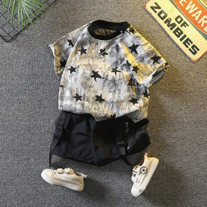 New Boys Sleeveless Vest Denim Shorts 2PC Sets Outdoor Festival Clothing Vintage Print Kids Miracle Design 2-10 Years White Tops