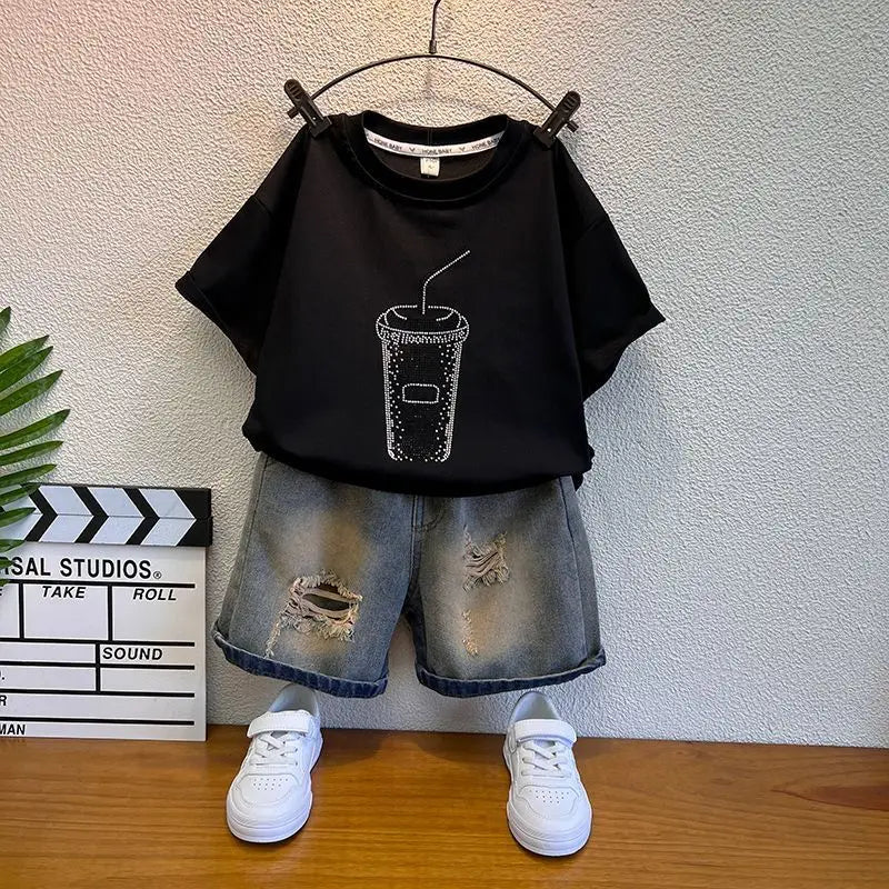 Korean Boys Summer Children's Top and Bottom 2PC Sets Short Sleeve T-Shirt & Denim Shorts Kids Clothes 1-7 Years Black Toddler