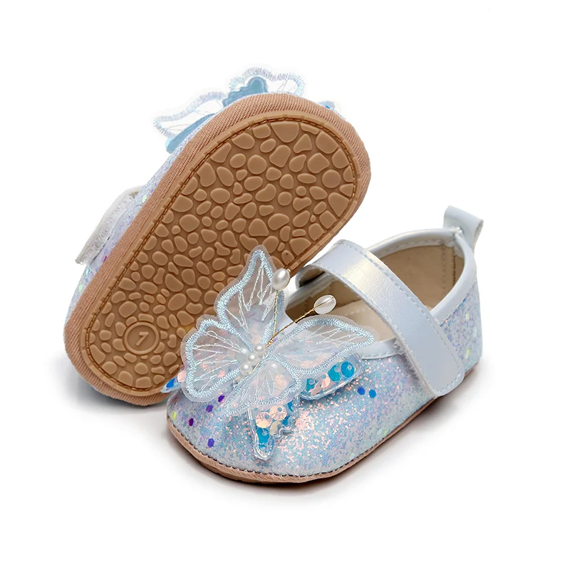 Shiny 3D Butterfly Princess Dress Shoes for Baby Girl Glitters Flats Non-Slip Crib Shoes Walking Shoes for Toddlers Infants
