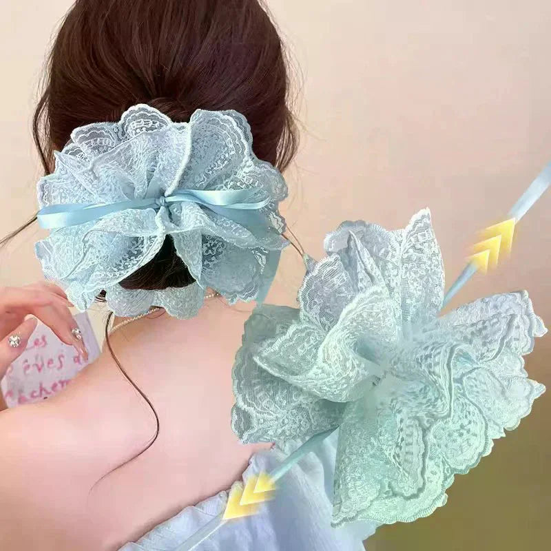 Sweet Drawstring Bow Lace Hair Scrunchies For Women Elastic Hair Bands Ponytail Holders Girl Hair Accessories