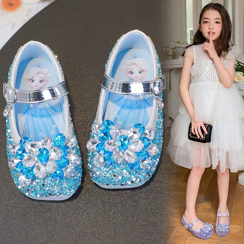 Disney Cartoon Pattern Elsa Princess Crystal Shoes for Girls Fashion New Style Baby Girl Low Heels Sandals Summer Fall Children