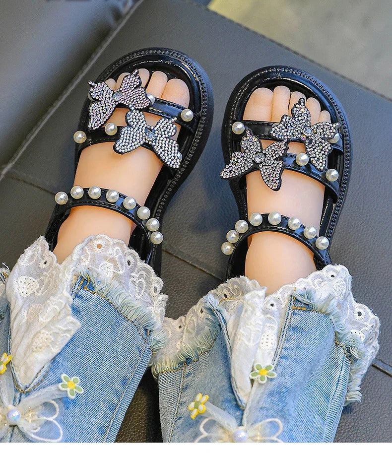 Kids' Sandals PU Leather Sequin Peep Toe Summer Outdoor Flat Shoes For Girls Breathable Anti-slip White Purple Pink
