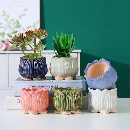 Ceramic Lotus Design Succulent Plant Pot Flower Pot Bonsai Vase with A Hole Lotus Planter Container Garden Home Decor