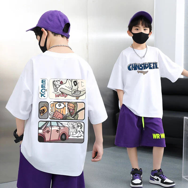 Summer 100% Cotton Boys Blue T-shirt Cool Graffiti Printed Girls Tees Short Sleeve Children Tops High Quality Kids Clothes
