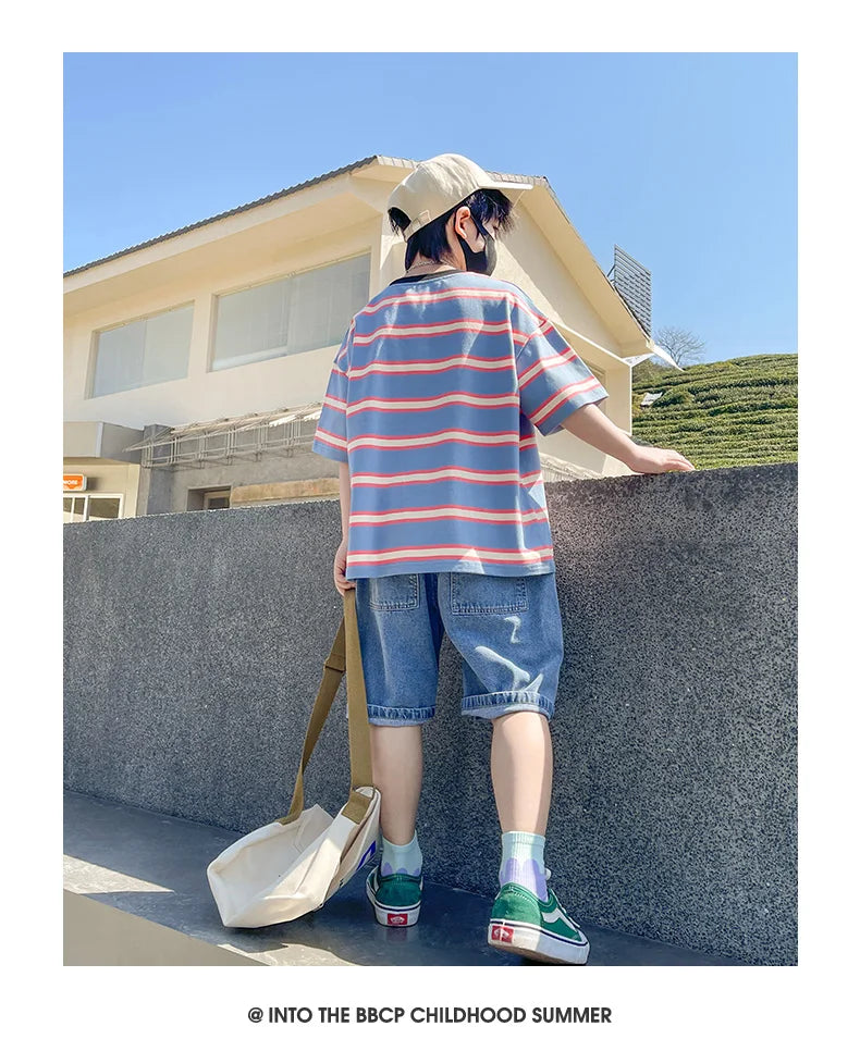 Tween Boy Summer Clothing Set Child Casual Cotton Stripe T-shirt & Denim Shorts 2 Piece Suit Teenage Kids Luxury Clothes Costume