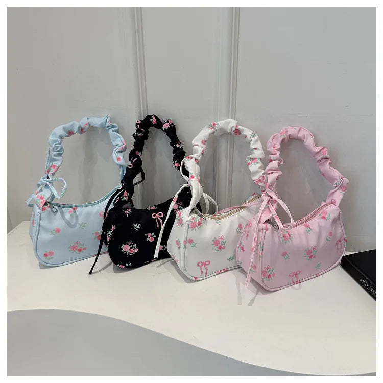 Women's Bags  Summer Nylon Pleated Handbags Armpit Bag Korean Floral Bow Printed Zipper Tote Bag Female Small Shoulder Bags