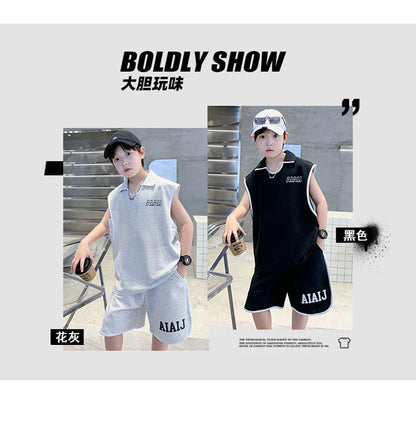 Boys Clothing Set American Style Children Vintage Vest Casual Sport Loose Pullover Sleeveless T-shirt Top Shorts Two-piece Set