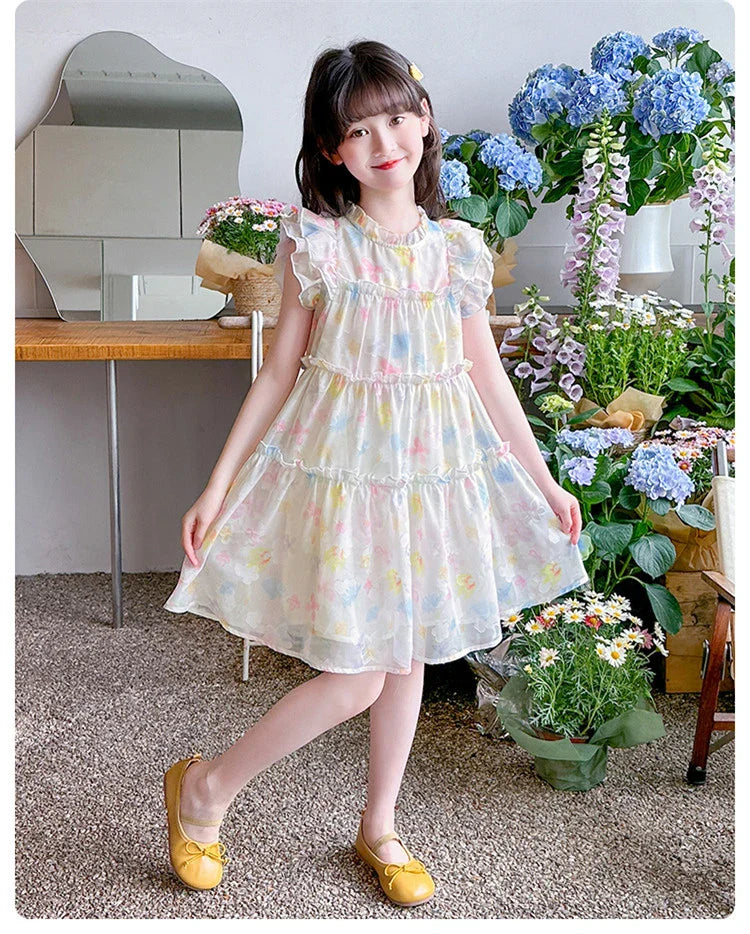 Summer girl's dress new style children's Western style floral chiffon princess dress printed baby's park play skirt