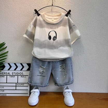 New Boys Sleeveless Vest Denim Shorts 2PC Sets Outdoor Festival Clothing Vintage Print Kids Miracle Design 2-10 Years White Tops