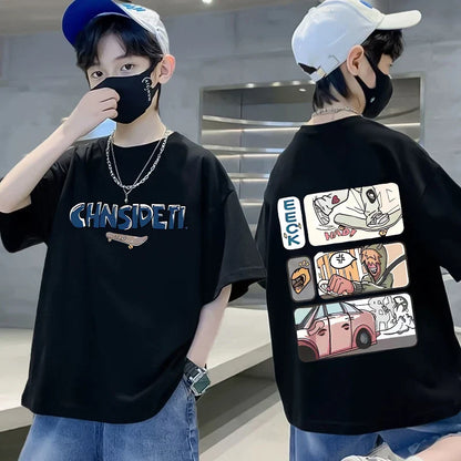 Summer 100% Cotton Boys Blue T-shirt Cool Graffiti Printed Girls Tees Short Sleeve Children Tops High Quality Kids Clothes