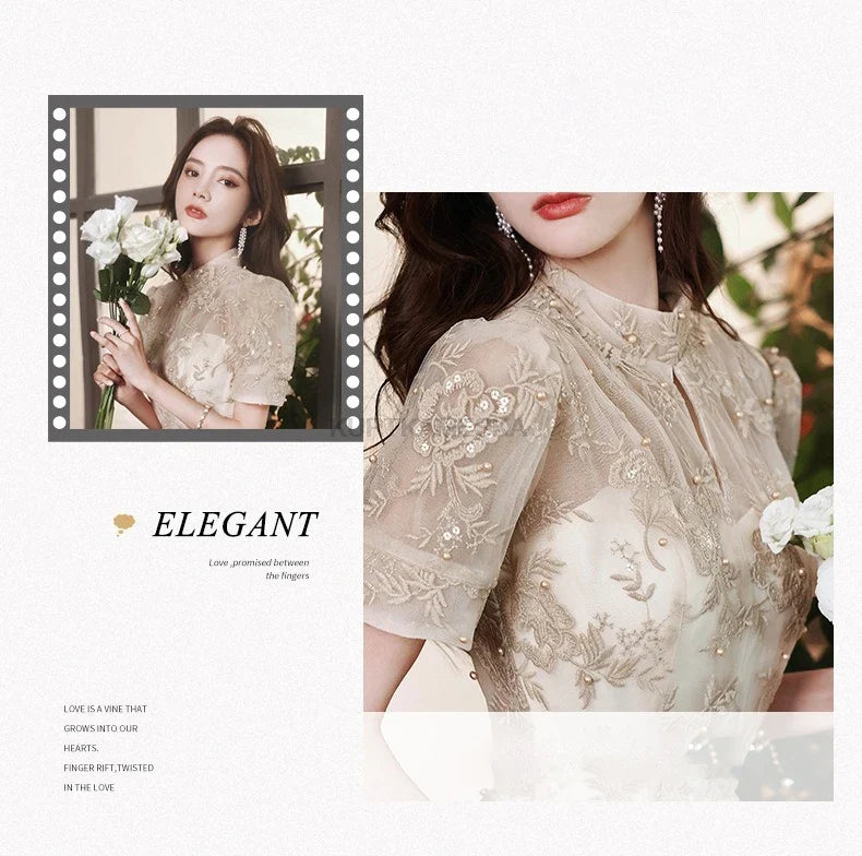 Elegant High Collar Evening Prom Bridesmaid Banquet Party Ball Dress Gown Short Sleeve Flower Embroidery Appliques Formal Dress