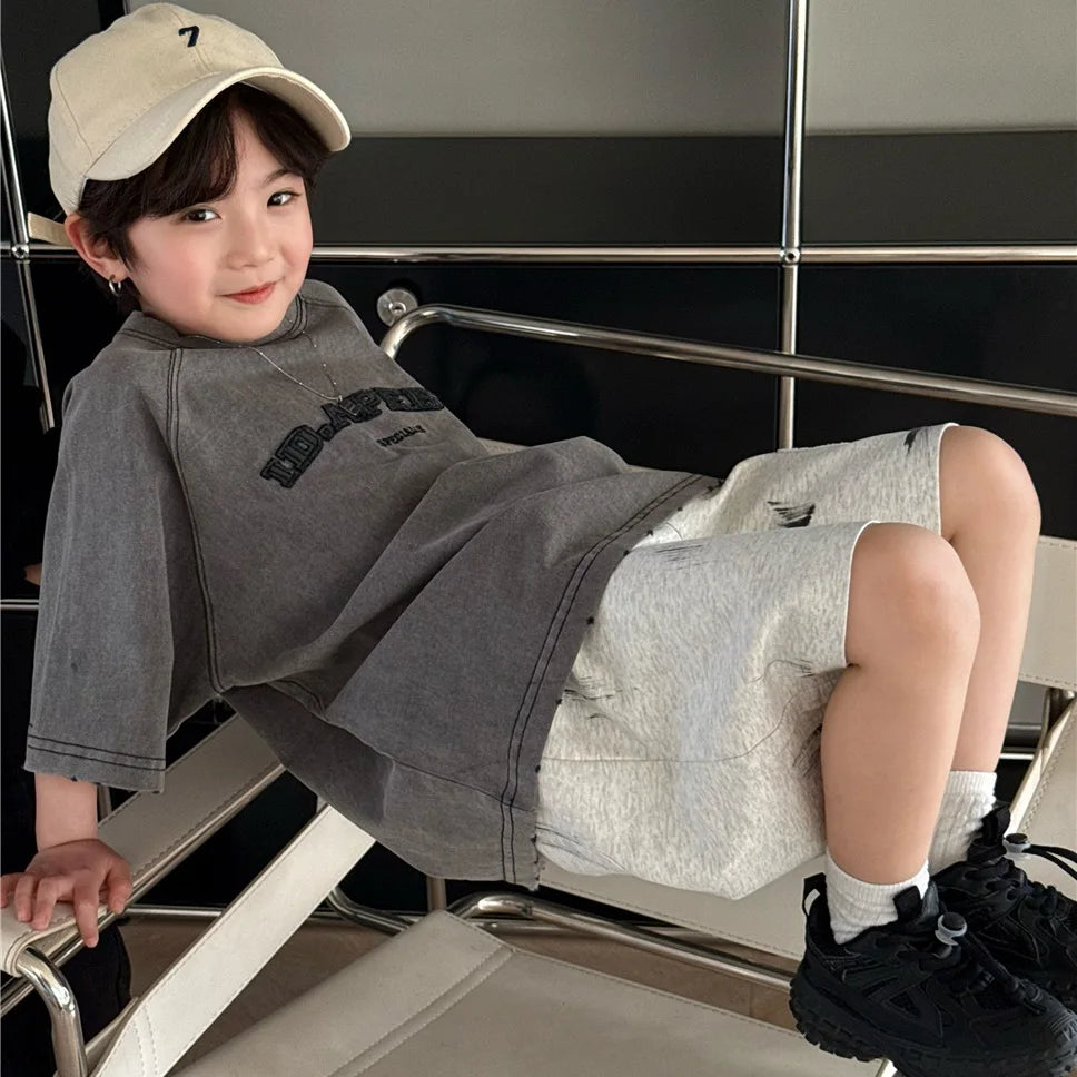 Summer Collection Children's Short Sleeves Grinding Embroidered Half Sleeve T-shirt