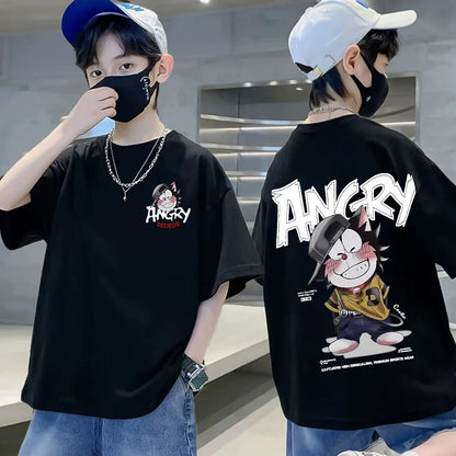 Summer 100% Cotton Boys Blue T-shirt Cool Graffiti Printed Girls Tees Short Sleeve Children Tops High Quality Kids Clothes