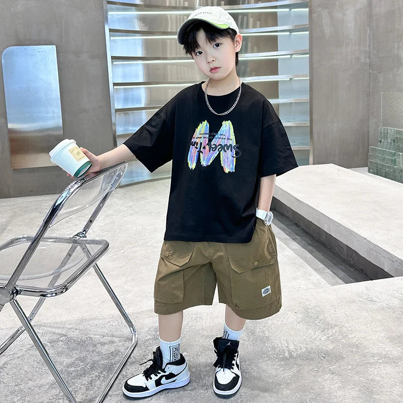 Boys Summer Clothing Sets Big Children Short-sleeved Top+Shorts Suits 2025 New Teenager T-shirt Loose Sports 2Pcs Outfits 4-14Y