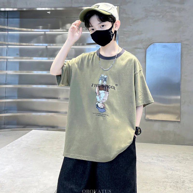 Summer Tees Tops for Teen Boy Cotton T-Shirt New Short Sleeve Fashion Cartoon Tshirts for Children Korea Kids Luxury Clothes
