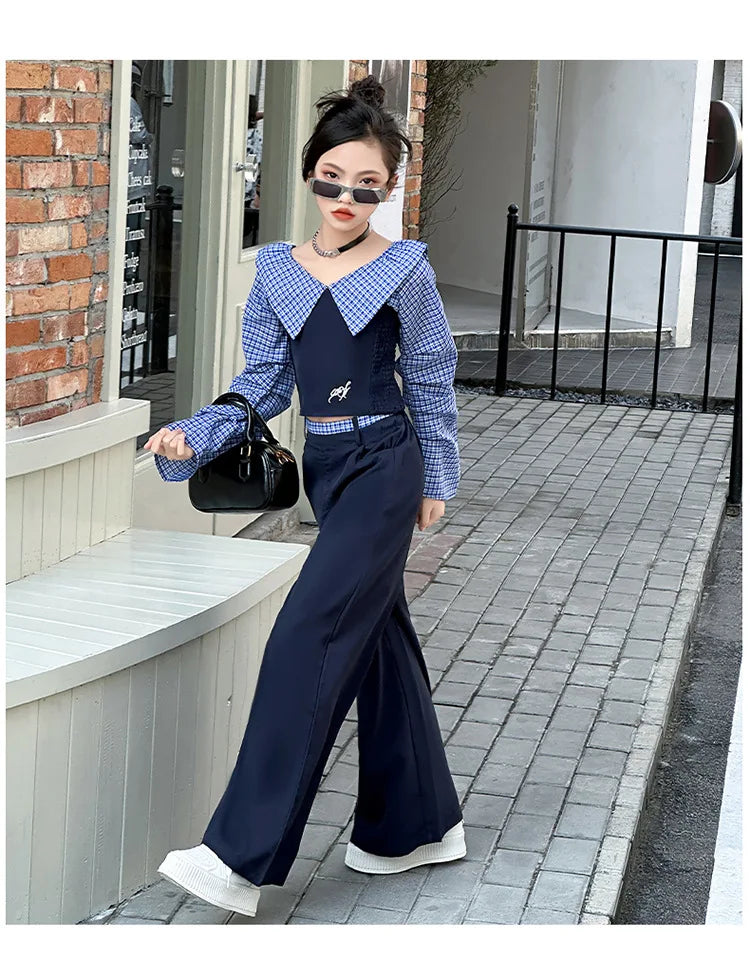 Children Girls Clothing Set Spring Autumn Plaid Long Sleeve Patchwork Shirts + Pants 2pcs School Kids Suit for Teen Girl Clothes