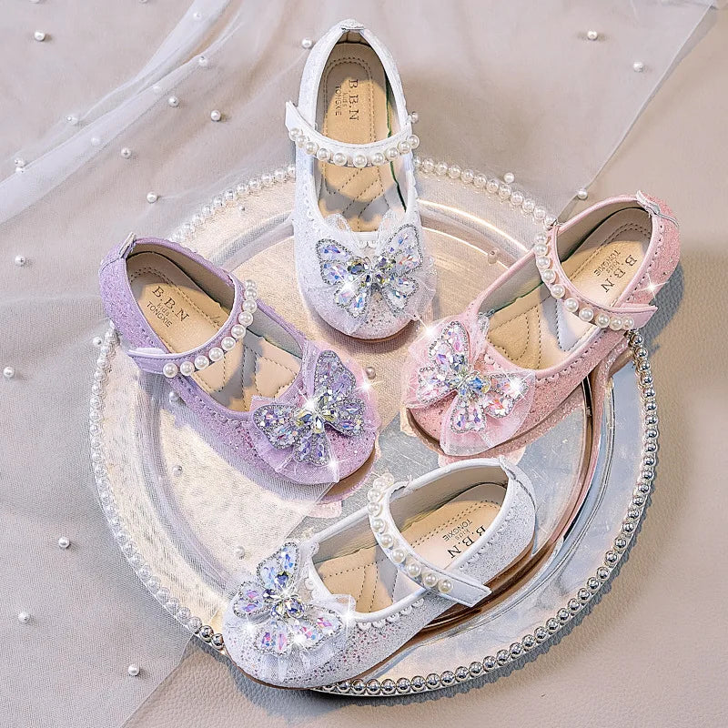 Bowtie Kids Leather Shoe Fashion Causal Sequins Children Causal Wedding Flat Shoes Autumn Girl Princess Shoes