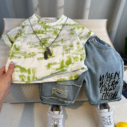 New Boys Fashion Summer Cotton Letter Printing T-shirts+Graffiti Denim Shorts 2pcs Set Kids Korean Outfits Sets Children Clothes