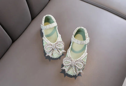 Girls Shoes Bling Single Shoes for Stage Performance Mary Janes Bow Crystal Glitter Wedding Flats Dance Party Leather Shoes New