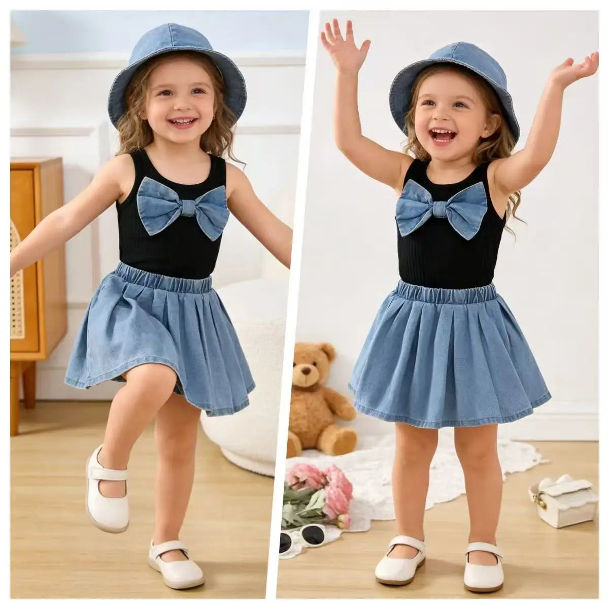 2026 New Summer Girls Elegant Sleeveless Bow Vest & Vintage Denim Princess Dress 9M-4Y