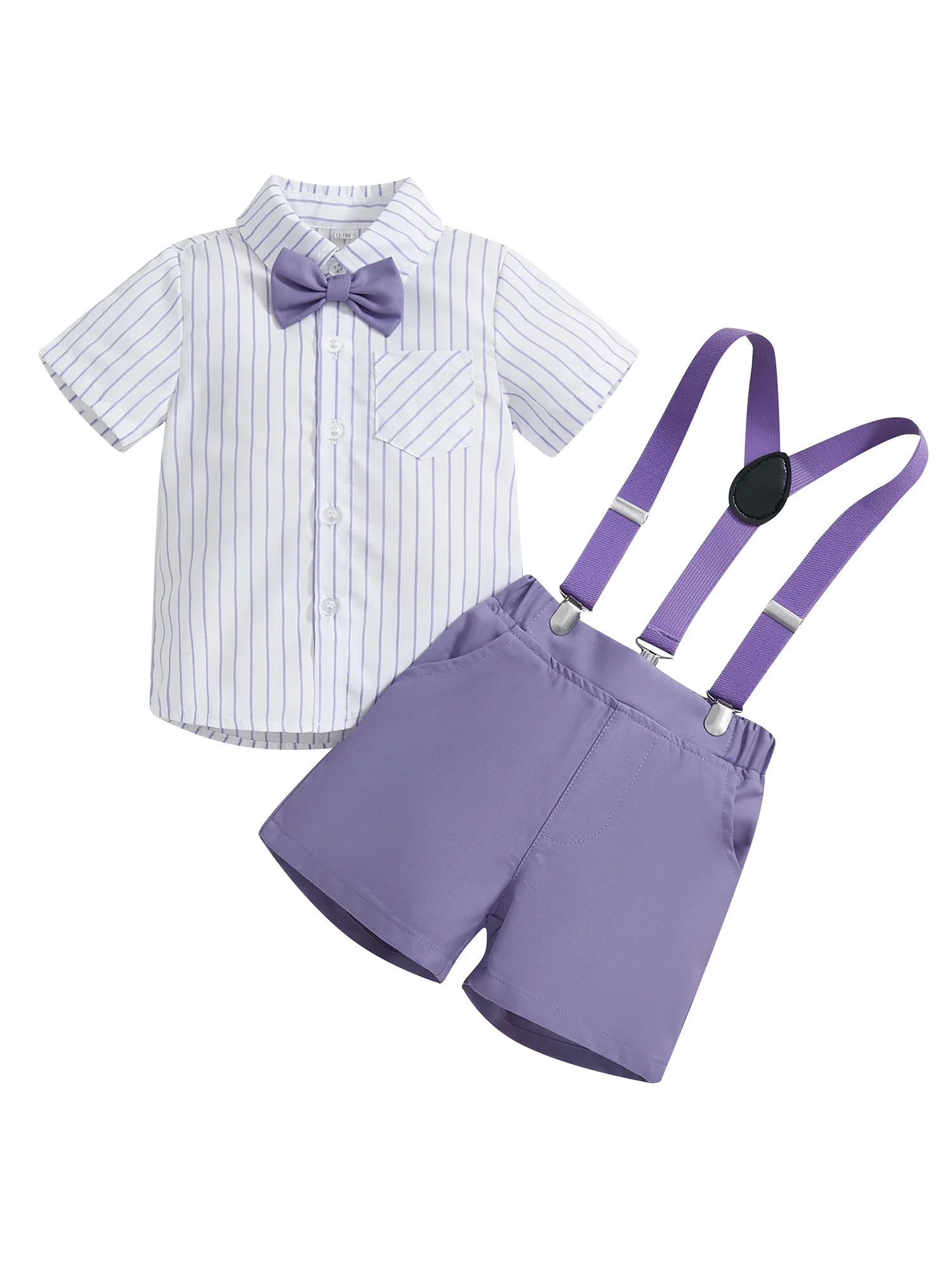 Boy Gentleman Outfit Vertical Stripe Print Short Sleeves Shirt with Bow Tie and Suspender Shorts Set for Formal Wear