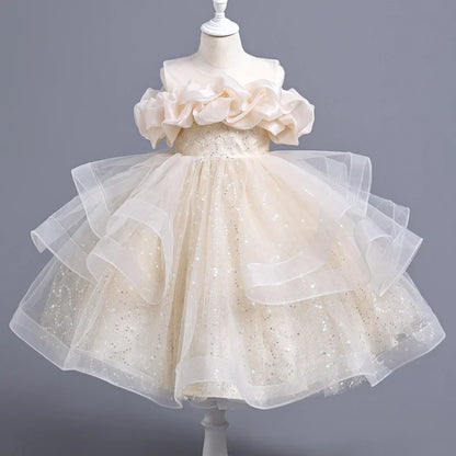New Girl's Wedding Evening Dress Petal Sequin Mesh Sleeveless Dress Birthday Party School Graduation Party Dress
