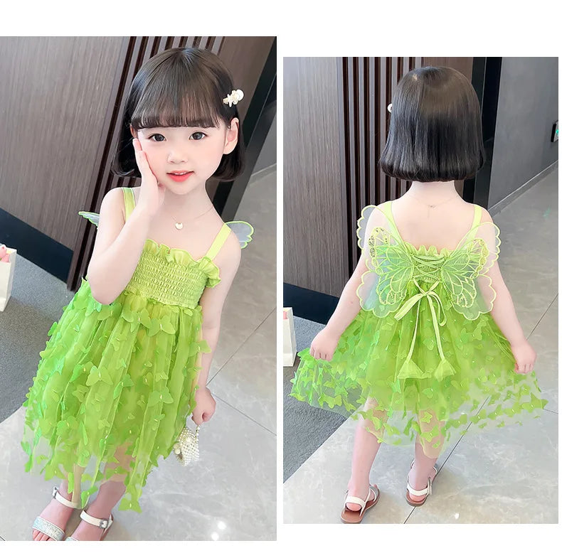 Fairy Girl Glitter Butterfly Wings Dress Summer New Kids Green Sling Princess Dresses Party Girls Costume  (Available)