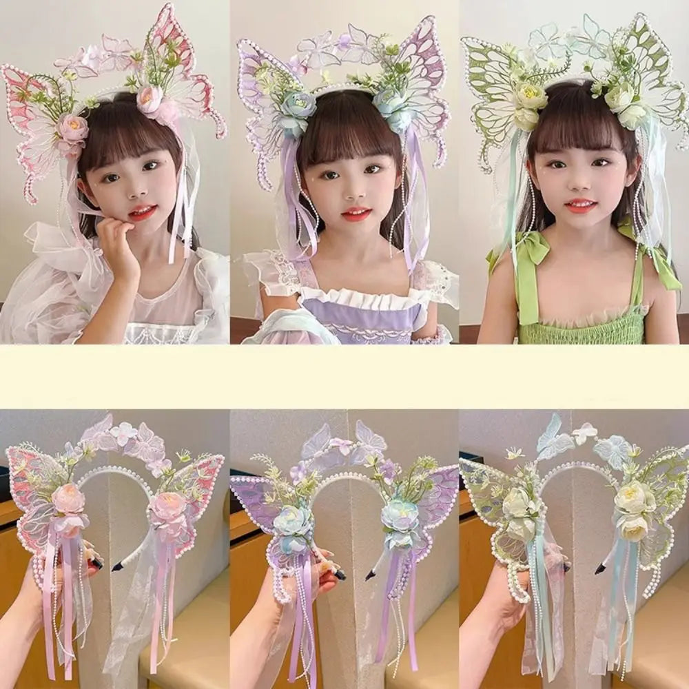 Fresh Sweet Butterfly Flowers Hairband Pearl Beads Silk Ribbon Floral Headwear Fairy Hair Jewelry Decorative Headwear Women Wear