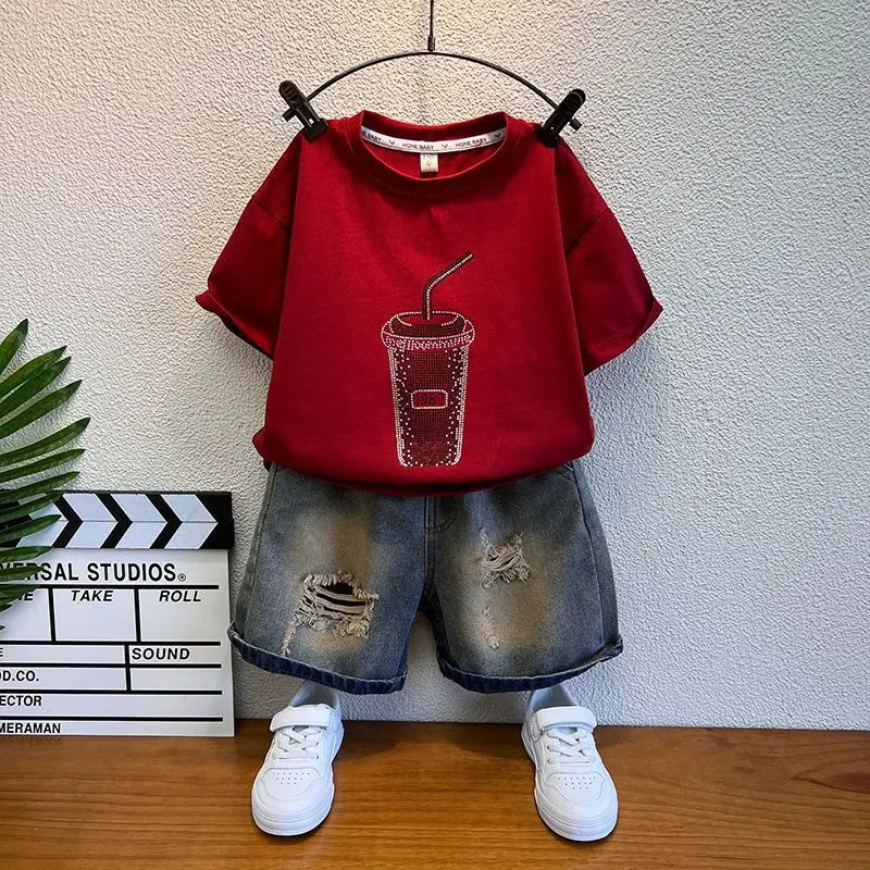 Korean Boys Summer Children's Top and Bottom 2PC Sets Short Sleeve T-Shirt & Denim Shorts Kids Clothes 1-7 Years Black Toddler
