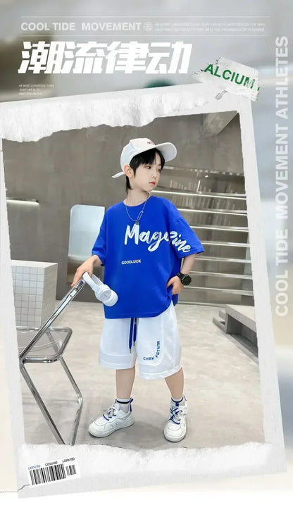Korean Thin Sports Summer Two-Piece Set Boys Summer Set New Children's Summer Medium and Large Children's Boy