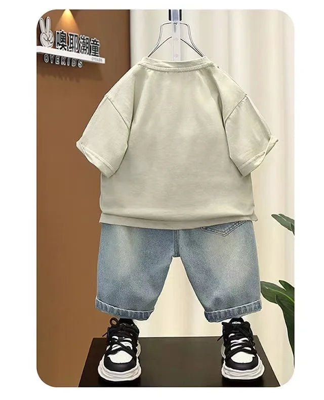 Boys Summer Clothing Set New Handsome Children's Short Sleeved Clothes Trendy Baby T-shirt Jeans Thin Two-piece Set