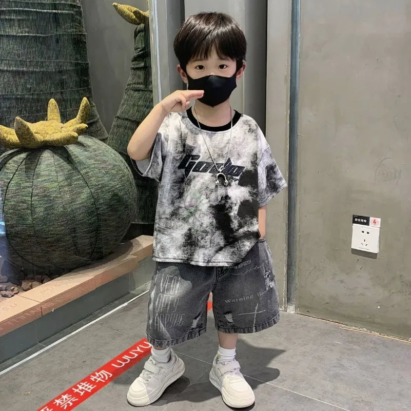 Korean Boys Summer Children's Top and Bottom 2PC Sets Short Sleeve T-Shirt & Denim Shorts Kids Clothes 1-7 Years Black Toddler