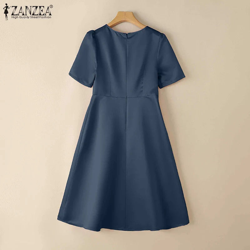Woman Party Dresses Shiny Satin Round Neck Short Sleeve Fabric Flower A-line Robes Femme Fashion Midi Vestidos