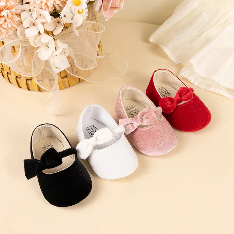Newborn Baby Girls Mary Jane Flats Cute Bowknot Velvet Toddler Dress Shoes Lovely Princess Infant Crib Shoes for 0-18Months
