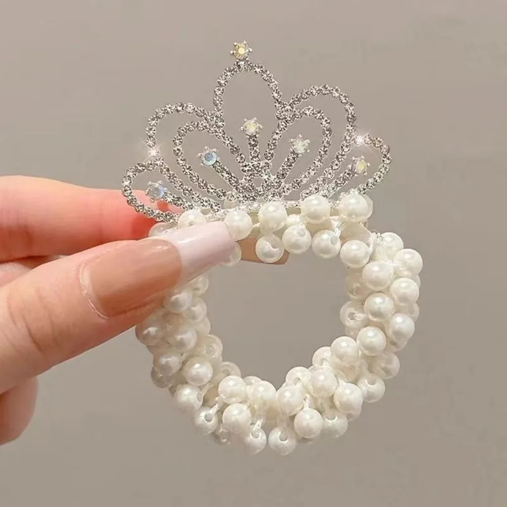 Fashion Pearl Crown Princess Cute Kids Hair Bands Elastic Rubber Bands