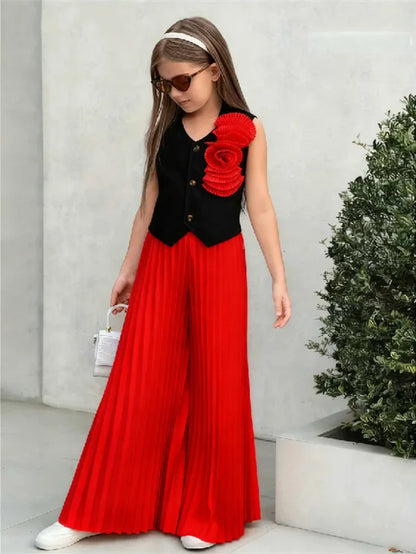 Little Girls' Color - Block Fashion Two - Piece Set: 3D Floral Sleeveless Vest + High - Waisted Pleated Wide - Leg Pants