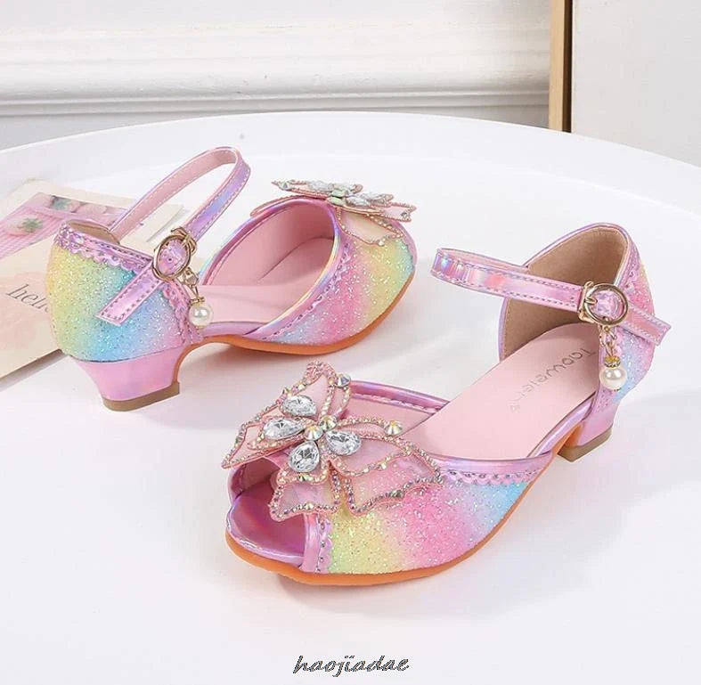 Summer High Heels Shoes for Girls Pageant Kids Sandals Child Mary Jane Shiny Princess Party Dress Up Shoes Purple Gold Pink Blue