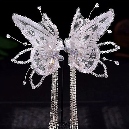 Fairy Bride Headdress BrideCourt Hair Ornament Crystal Butterfly Wings Headwe Lace Feather Fringe Hair Clip Wedding Accessories
